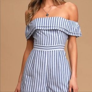Lulus Blue and White Striped Romper Off the Shoulder NWT